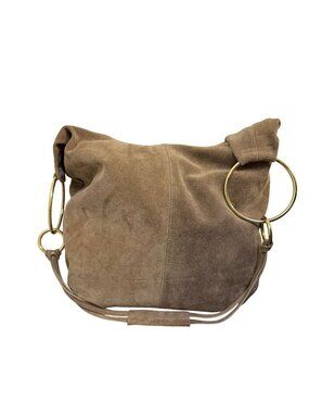 Marlon Brown Suede Hobo Bag With Gold Ring Accents